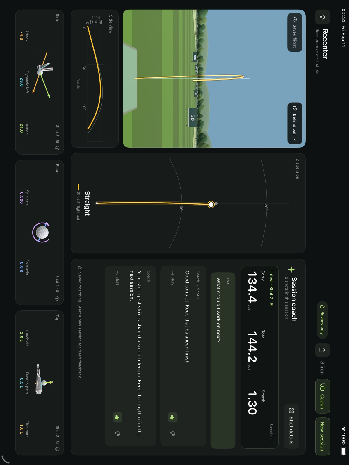 Recenter iPad app preview showing a 3D driving range, shot dispersion and AI coaching alongside practice data
